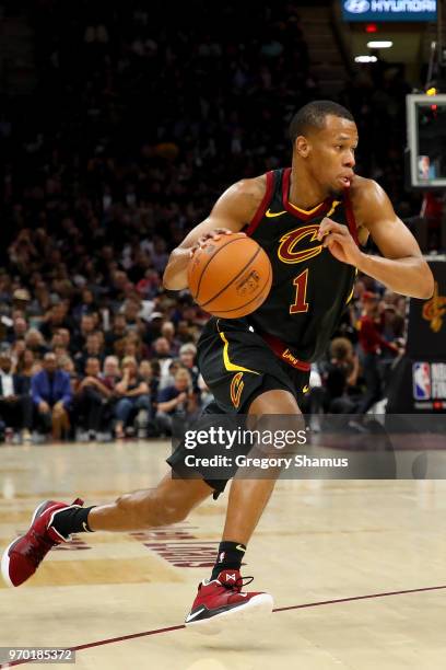 Rodney Hood of the Cleveland Cavaliers drives to the basket against the Golden State Warriors during Game Four of the 2018 NBA Finals at Quicken...