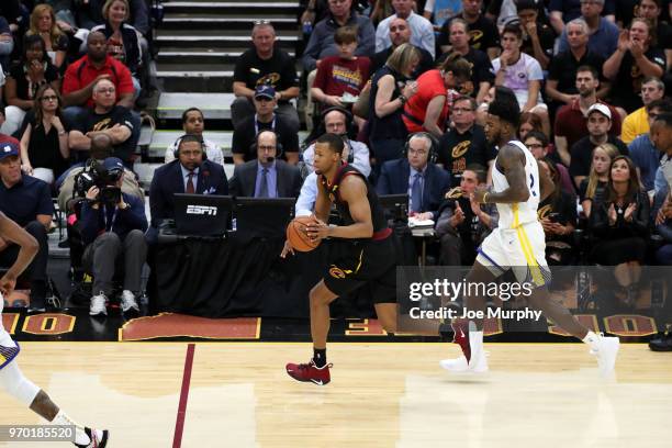 Rodney Hood of the Cleveland Cavaliers handles the ball against the Golden State Warriors in Game Four of the 2018 NBA Finals on June 8, 2018 at...