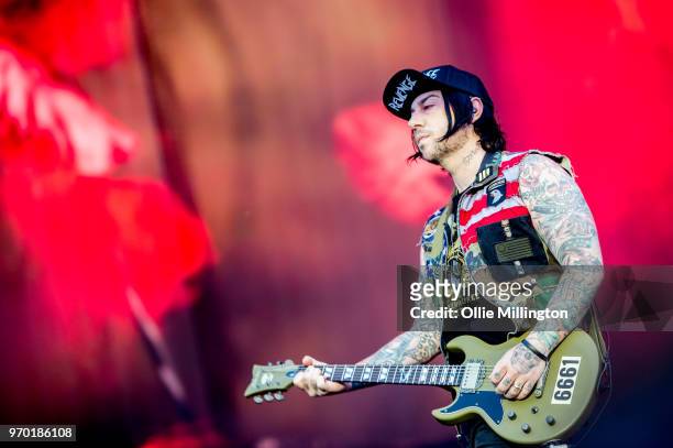 Zachary James Baker aka Zacky Vengeance of Avenged Sevenfold performs onstage during the bands main stage headline show at the end of Day 1 of...