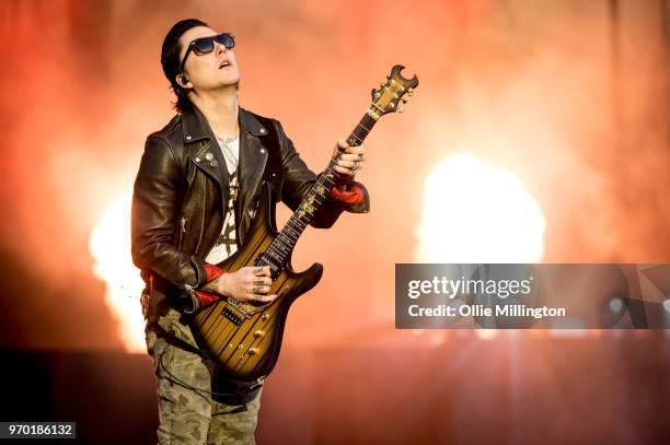 Brian Elwin Haner Jr. Aka Synyster Gates of Avenged Sevenfold performs onstage during the bands main stage headline show at the end of Day 1 of...