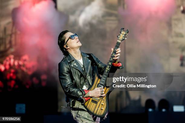 Brian Elwin Haner Jr. Aka Synyster Gates of Avenged Sevenfold performs onstage during the bands main stage headline show at the end of Day 1 of...