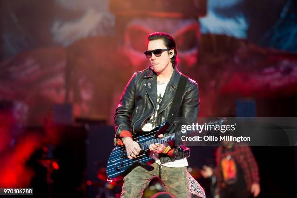 Brian Elwin Haner Jr. Aka Synyster Gates of Avenged Sevenfold performs onstage during the bands main stage headline show at the end of Day 1 of...