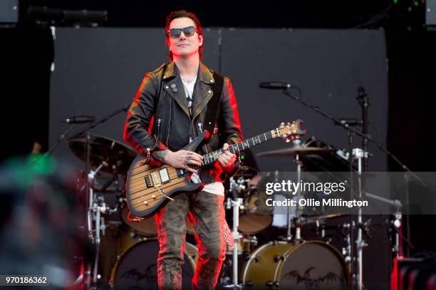 Brian Elwin Haner Jr. Aka Synyster Gates of Avenged Sevenfold performs onstage during the bands main stage headline show at the end of Day 1 of...