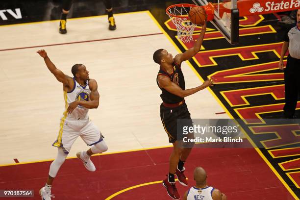 Rodney Hood of the Cleveland Cavaliers drives to the basket against the Cleveland Cavaliers in Game Four of the 2018 NBA Finals on June 8, 2018 at...