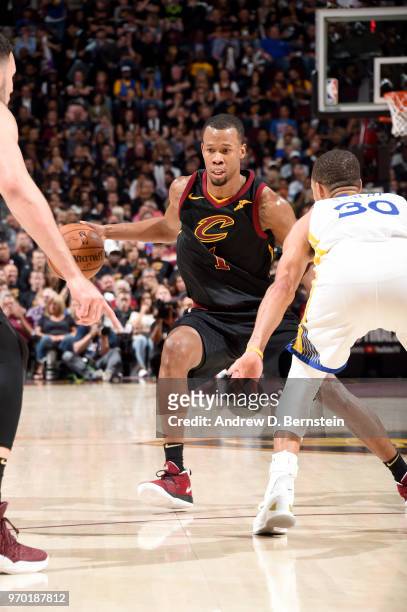 Rodney Hood of the Cleveland Cavaliers handles the ball against the Golden State Warriors during Game Four of the 2018 NBA Finals on June 8, 2018 at...