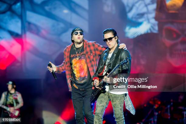 Matthew Charles Sanders aka M. Shadows of Avenged Sevenfold and Brian Elwin Haner Jr. Aka Synyster Gates performing onstage during the bands main...