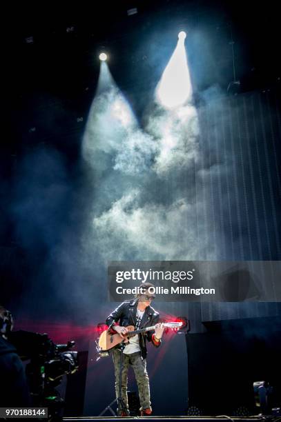 Brian Elwin Haner Jr. Aka Synyster Gates of Avenged Sevenfold performs onstage during the bands main stage headline show at Download Festival 2018 at...