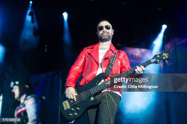 Johnny Christ of Avenged Sevenfold performs onstage during the bands main stage headline show at Download Festival 2018 at Donington Park on June 8,...
