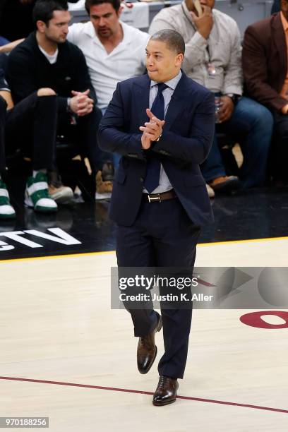 Head coach Tyronn Lue of the Cleveland Cavaliers reacts against the Golden State Warriors during Game Four of the 2018 NBA Finals at Quicken Loans...