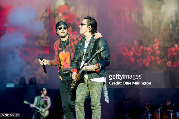Matthew Charles Sanders aka M. Shadows of Avenged Sevenfold and Brian Elwin Haner Jr. Aka Synyster Gates performing onstage during the bands main...