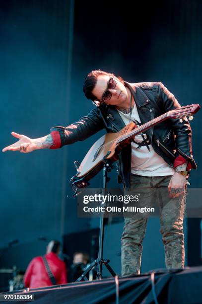 Brian Elwin Haner Jr. Aka Synyster Gates of Avenged Sevenfold performs onstage during the bands main stage headline show at Download Festival 2018 at...