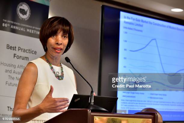 Baltimore Mayor Catherine Pugh speaks at a session on Housing Affordbility the US Conference of Mayors on June 8, 2018 in Boston, Massachusetts.