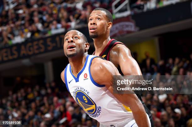 Andre Iguodala of the Golden State Warriors boxes out against Rodney Hood of the Cleveland Cavaliers during Game Four of the 2018 NBA Finals on June...