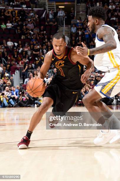 Rodney Hood of the Cleveland Cavaliers handles the ball against the Golden State Warriors during Game Four of the 2018 NBA Finals on June 8, 2018 at...