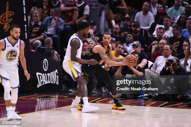 George Hill of the Cleveland Cavaliers handles the ball against the Golden State Warriors during Game Four of the 2018 NBA Finals on June 8, 2018 at...