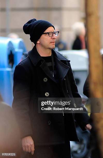 Director Steven Soderberg scouts for locations whilst directing his latest film 'Knockout' in the streets of the Barrio Gotic on February 24, 2010 in...