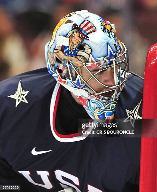 Goalie Ryan Miller in net watching the action during the Men's Ice Hockey preliminary game between USA and Switzerland at the Canada Hockey Place...