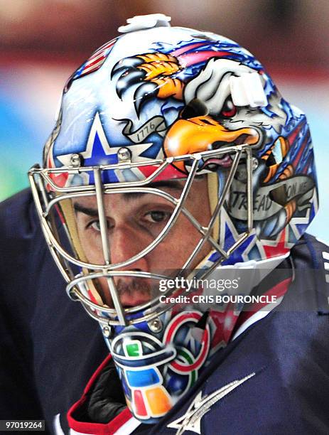 Goalie Ryan Miller in net during the Men's Ice Hockey preliminary game between USA and Switzerland at the Canada Hockey Place during the XXI Winter...