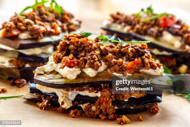 aubergine lasagne on baking paper, vegetarian - dieta baja en carbohidratos fotografías e imágenes de stock