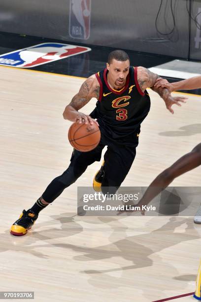George Hill of the Cleveland Cavaliers jocks for a position during the game against the Golden State Warriors in Game Four of the 2018 NBA Finals on...