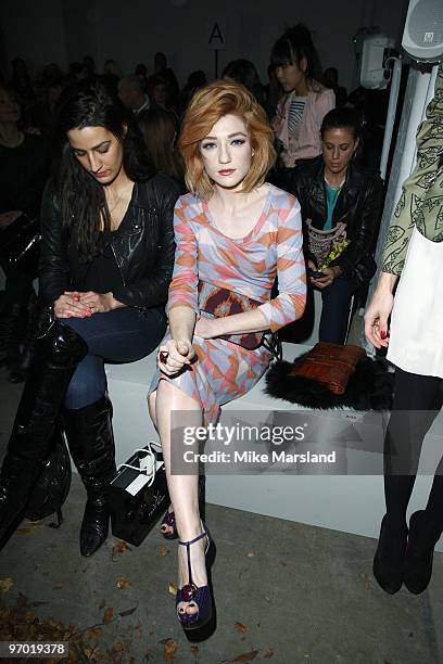 Nicola Roberts poses on the front row at the Unique show for London Fashion Week Autumn/Winter 2010 at TopShop Venue on February 20, 2010 in London,...