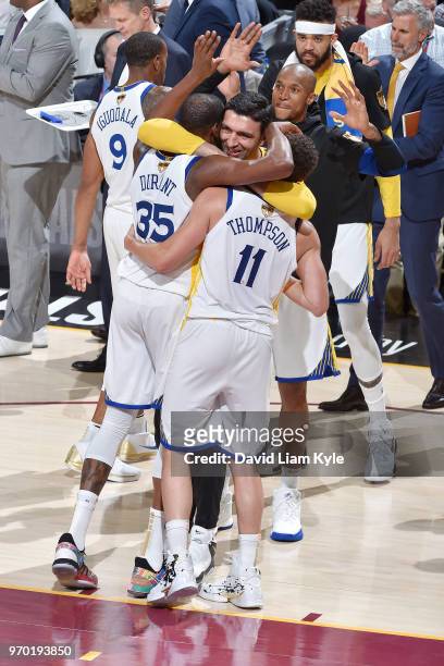 The Golden State Warriors celebrate their victory over the Cleveland Cavaliers at the end of Game Four of the 2018 NBA Finals on June 8, 2018 at...