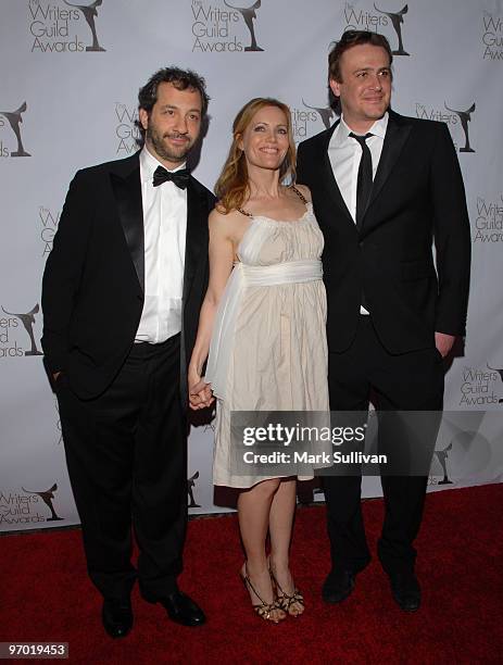 Writer/Director/Producer Judd Apatow, Actress Leslie Mann and Actor Jason Segel arrive at the 2010 Writers Guild Awards held at the Hyatt Regency...