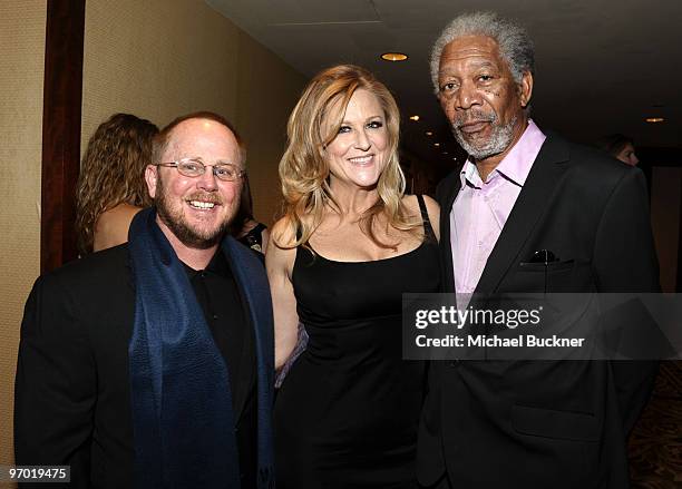Writer Anthony Peckham, producer Lori McCreary and actor Morgan Freeman attend the 2010 Writers Guild Awards held at the Hyatt Regency Century Plaza...