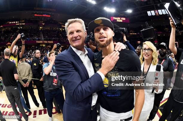 Head Coach Steve Kerr and Stephen Curry of the Golden State Warriors celebrate after Game Four of the 2018 NBA Finals against the Cleveland Cavaliers...