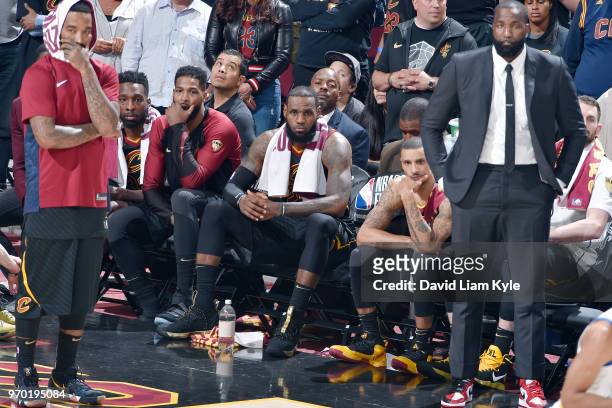 LeBron James and the Cleveland Cavaliers look on in disbelief as the Golden State Warriors successfully sweep the Cleveland Cavaliers in Game Four of...