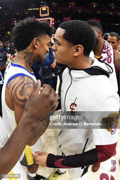 Nick Young of the Golden State Warriors and Jordan Clarkson of the Cleveland Cavaliers hug after Game Four of the 2018 NBA Finals on June 8, 2018 at...