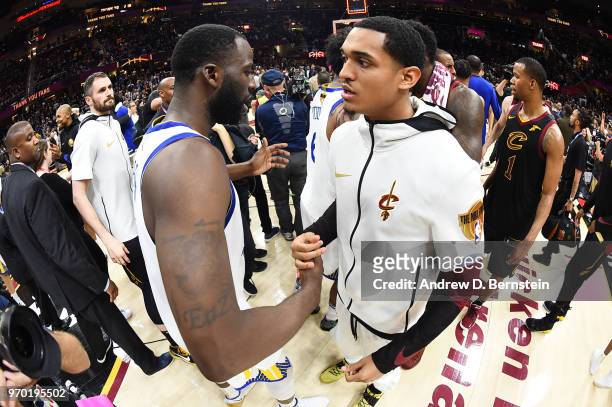 Draymond Green of the Golden State Warriors and Jordan Clarkson of the Cleveland Cavaliers hug after Game Four of the 2018 NBA Finals on June 8, 2018...