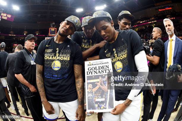 Nick Young, Patrick McCaw, and Kevon Looney of the Golden State Warriors celebrates after Game Four of the 2018 NBA Finals against the Cleveland...