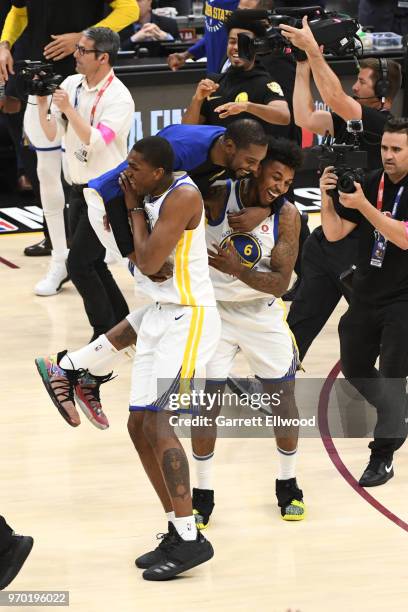 Kevin Durant of the Golden State Warriors celebrates with Nick Young after defeating the Cleveland Cavaliers and winning the NBA Championship during...