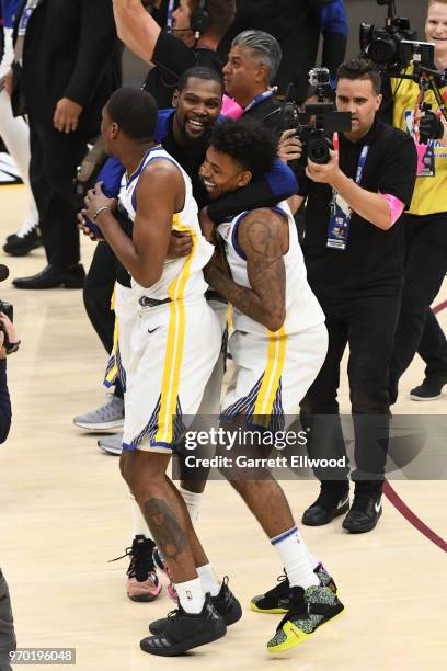 Kevin Durant of the Golden State Warriors celebrates with Nick Young after defeating the Cleveland Cavaliers and winning the NBA Championship during...