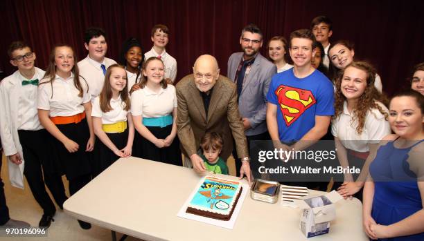 Charles Strouse with grandson and cast celebrating his 90th Birthday during the Children's Theatre of Cincinnati presentation for composer Charles...