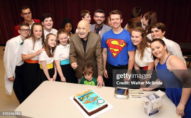 Charles Strouse with grandson and cast celebrating his 90th Birthday during the Children's Theatre of Cincinnati presentation for composer Charles...