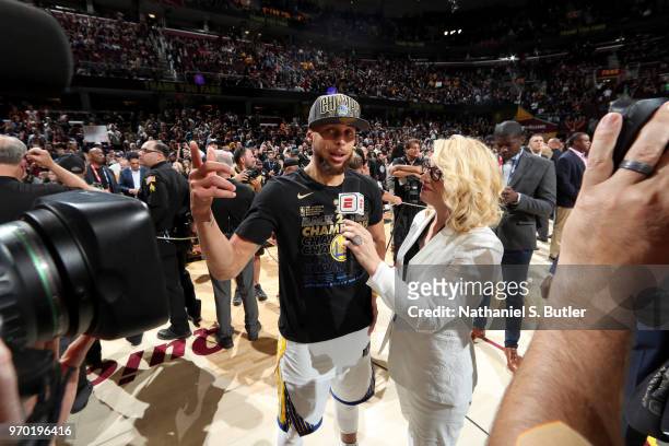 Stephen Curry of the Golden State Warriors speaks to Doris Burke after Game Four of the 2018 NBA Finals against the Cleveland Cavaliers on June 8,...