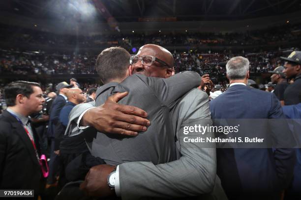 Assistant coach Mike Brown of the Golden State Warriors celebrates after Game Four of the 2018 NBA Finals against the Cleveland Cavaliers on June 8,...