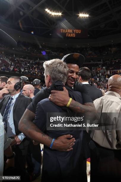 Head coach Steve Kerr and Jordan Bell of the Golden State Warriors hug after Game Four of the 2018 NBA Finals against the Cleveland Cavaliers on June...