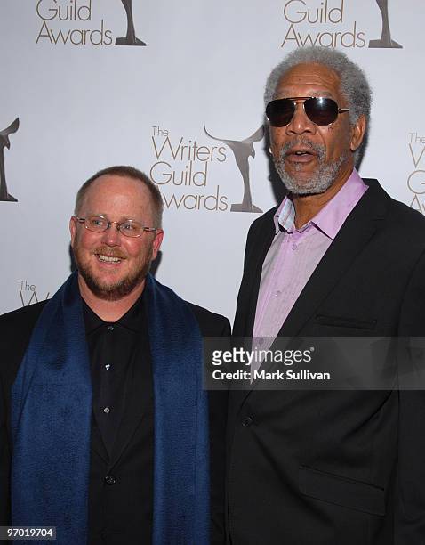 Writer Anthony Peckham and Actor Morgan Freeman arrive at the 2010 Writers Guild Awards held at the Hyatt Regency Century Plaza on February 20, 2010...