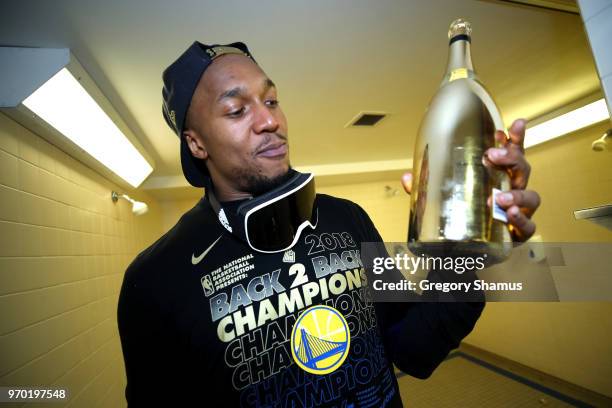 David West of the Golden State Warriors celebrates in the locker room after defeating the Cleveland Cavaliers during Game Four of the 2018 NBA Finals...