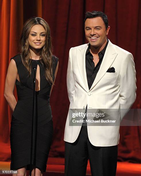 Actress Mila Kunis and host Seth MacFarlane onstage at the 2010 Writers Guild Awards held at the Hyatt Regency Century Plaza on February 20, 2010 in...