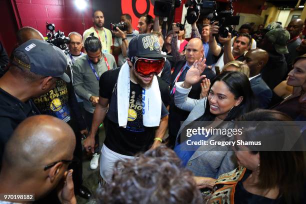 Stephen Curry of the Golden State Warriors celebrates after defeating the Cleveland Cavaliers during Game Four of the 2018 NBA Finals at Quicken...