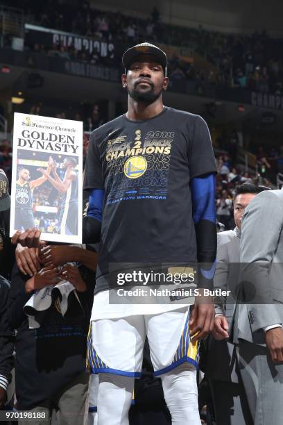 Kevin Durant of the Golden State Warriors poses for a photo after Game Four of the 2018 NBA Finals against the Cleveland Cavaliers on June 8, 2018 at...