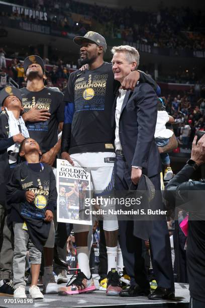 Kevin Durant and head coach Steve Kerr of the Golden State Warriors after Game Four of the 2018 NBA Finals against the Cleveland Cavaliers on June 8,...