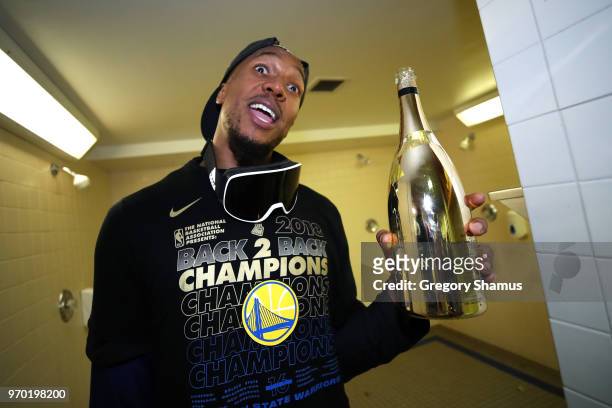 David West of the Golden State Warriors celebrates in the locker room after defeating the Cleveland Cavaliers during Game Four of the 2018 NBA Finals...