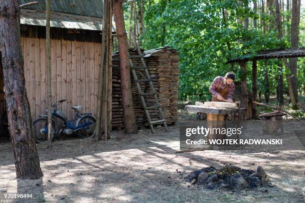 Polish musician and instrument-maker Mateusz Raszewski shapes a kalisz bass at his workshop on May 10, 2018 in the village of Kamiensko, just north...