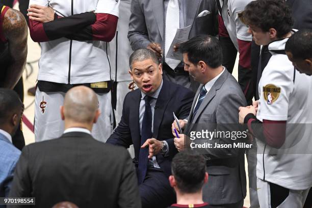 Head coach Tyronn Lue of the Cleveland Cavaliers talks to his team during a timeout in Game Four of the 2018 NBA Finals against the Golden State...