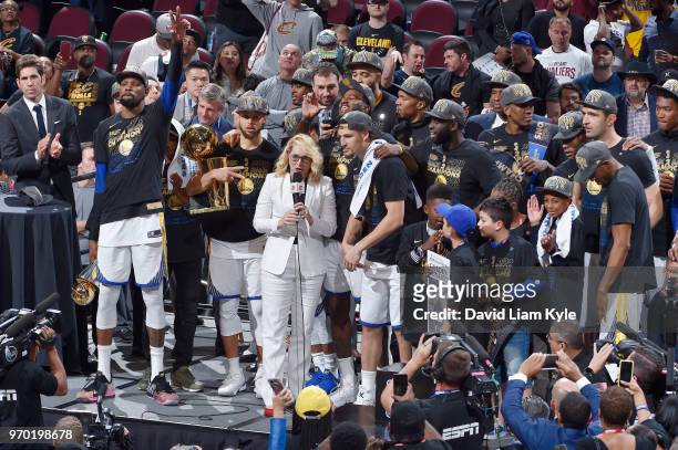 The Golden State Warriors celebrate a four game sweep after the game against the Cleveland Cavaliers as they hold the Larry O'Brien NBA Championship...
